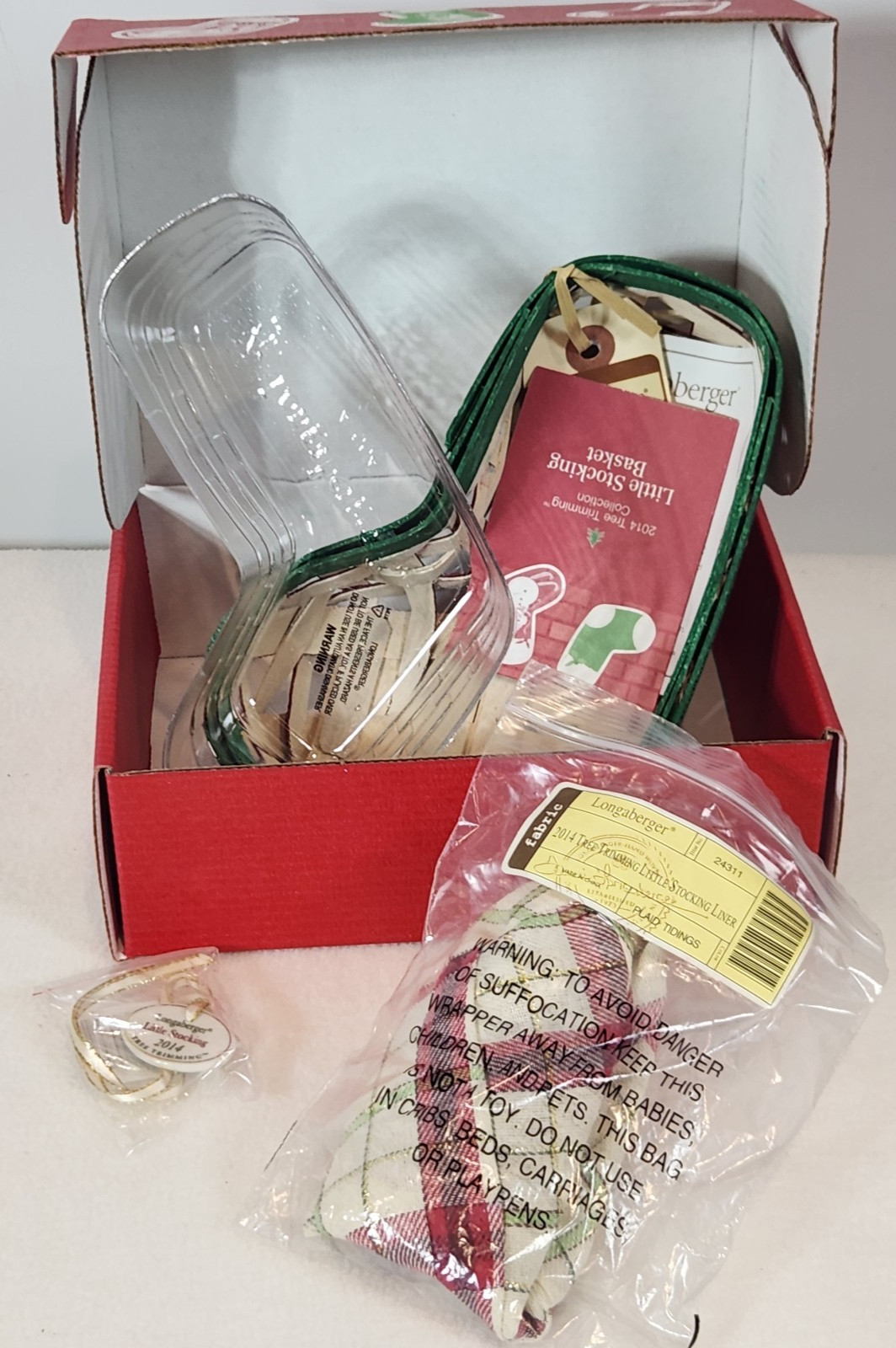 Longaberger 2014 Tree Trimming Little Stocking Basket+Liner+Protector+Tie-On NEW