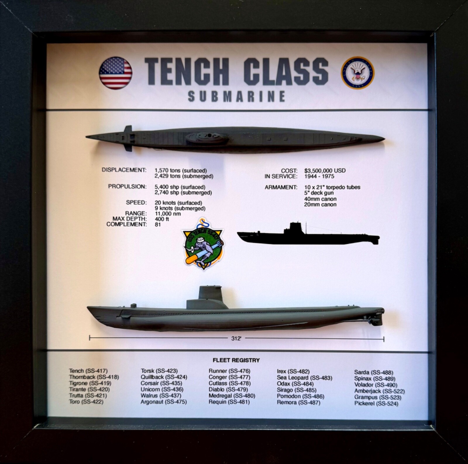 Tench Class Submarine Memorial Display Shadow Box, 9\