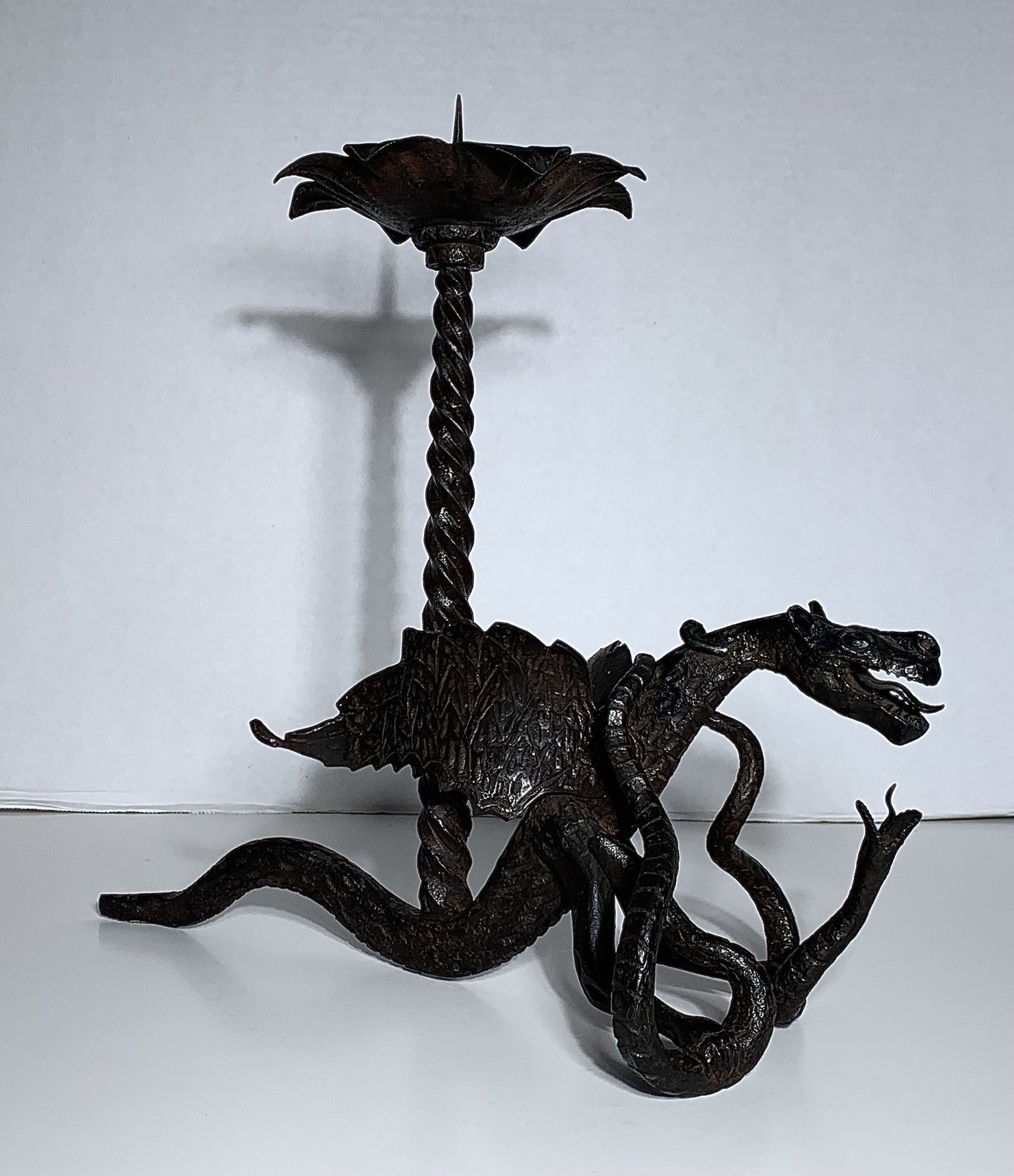 Antique WROUGHT IRON GARGOYLE DRAGON & SNAKE Candle Holder ITALIAN SIGNED