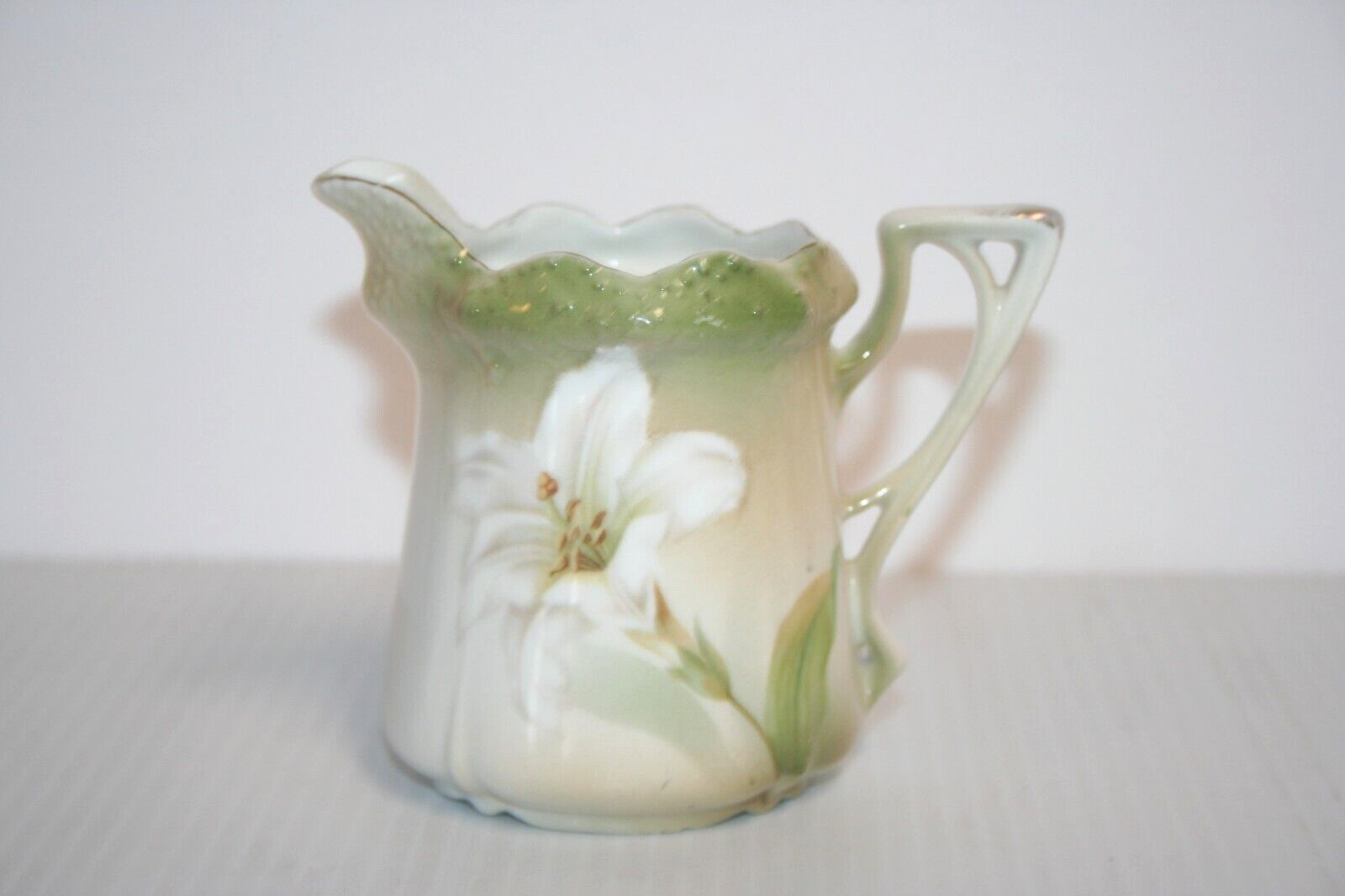 R S Germany White Lily Creamer Pitcher Porcelain Ornate Embossed Hand Decorated