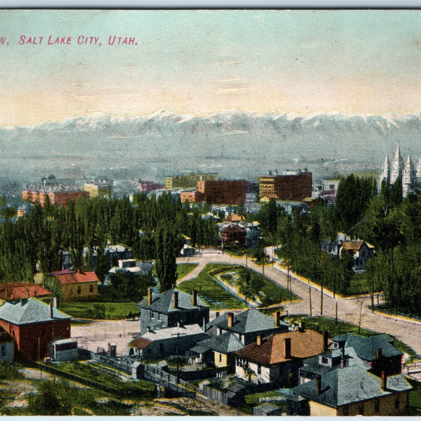 1909 Salt Lake City, UT Birds Eye View Postcard Mormon Temple Mountains DB