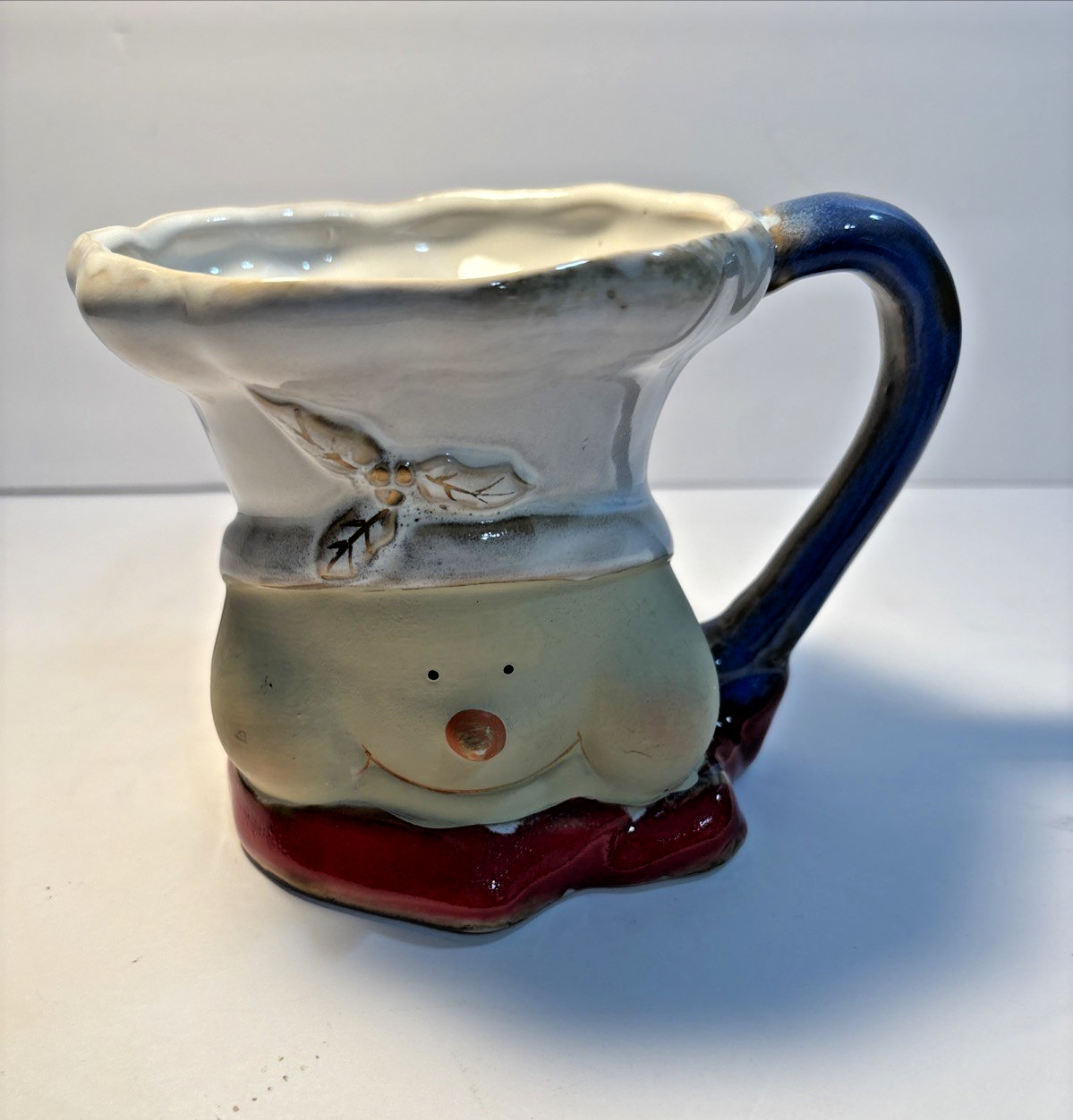 Vintage Ceramic Snowman Christmas Pitcher Holly Hat Blue Handle Holiday Decor 4”