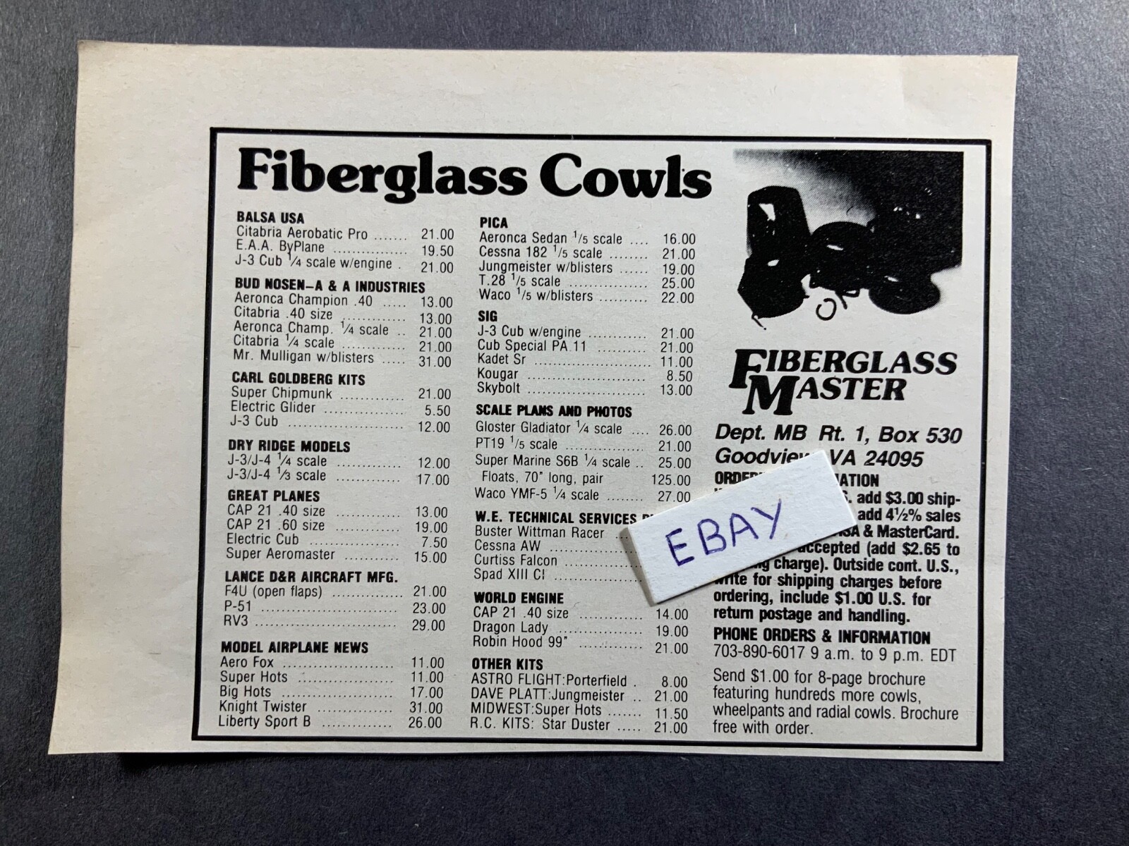 1989 Vintage print Ad. Fiberglass Master. Goodview, VA. Fiberglass Cowls R/C
