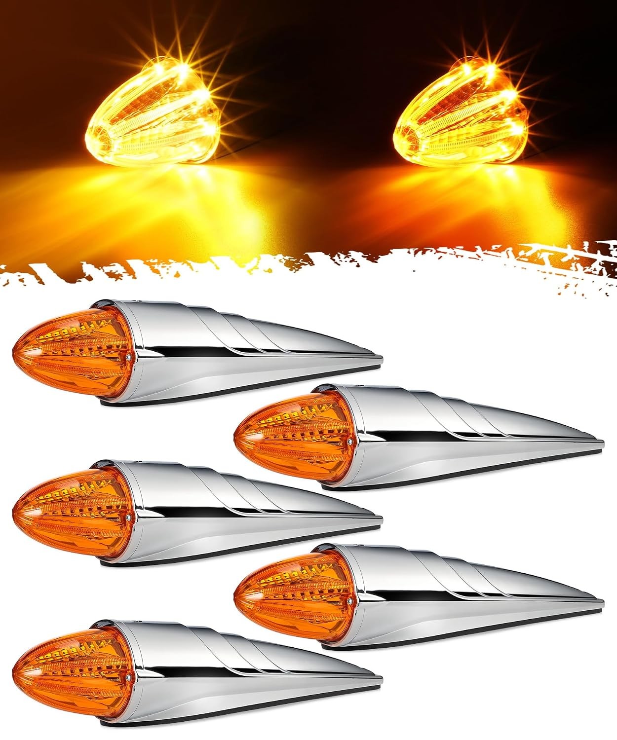 Amber Torpedo LED Chrome Roof Cab Markers 5Pcs High Low Brightness LED Cab