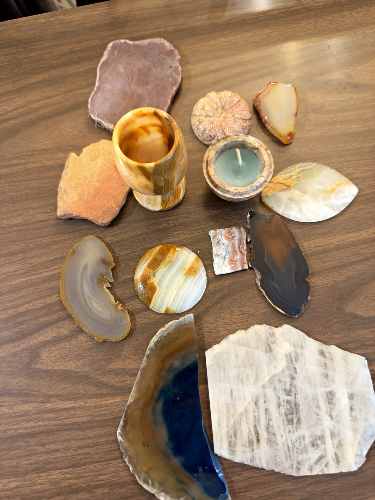 Vintage Agate Onyx Jasper Stone Collection Polished Slabs Goblet Decor Lot Vintage Agate Onyx Jasper Stone Collection Polished Slabs Goblet Decor Lot
