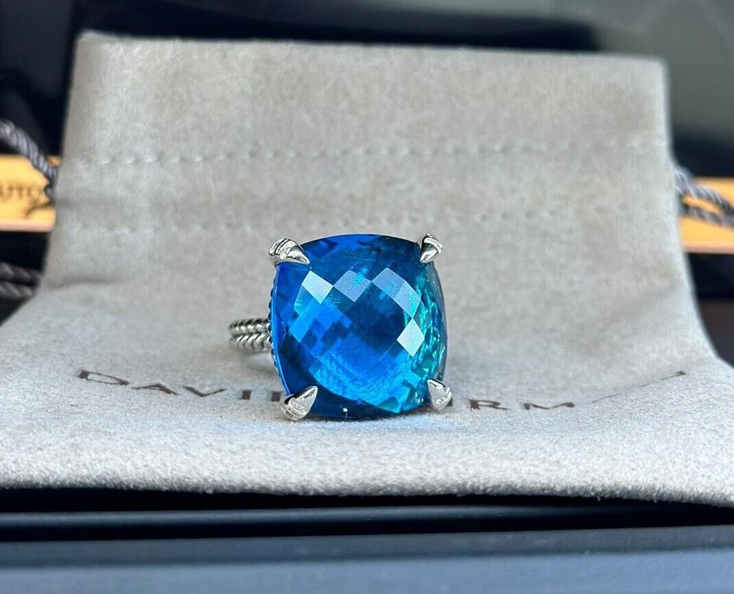 David Yurman Sterling Silver 20mm Chatelaine Ring Blue Topaz & Diamond Sz 8