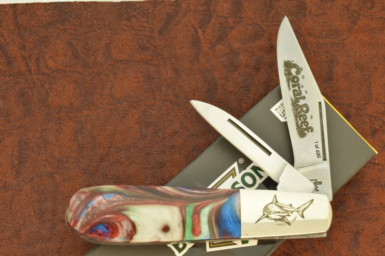 RARE 1/600 BEAR & SON MADE IN USA CORAL REEF PREMIUM LONG PULL BARLOW KNIFE