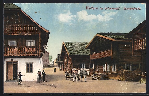 Wallern in the Bohemian Forest, passers-by in the Mäumerstraße, postcard 