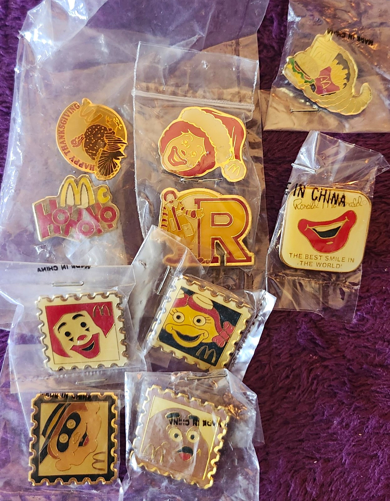 Vtg 10 McDonalds Memorabilia Pin Collection Lot, Ronald Grimace Birdie Stamp