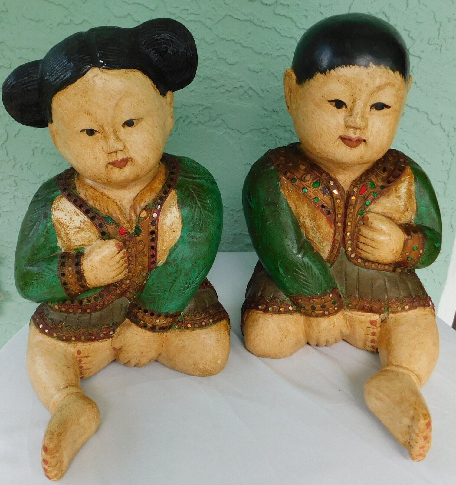 Pair Frederick Cooper Carved Sitting Wood Chinese Boy & Girl Statues N mark