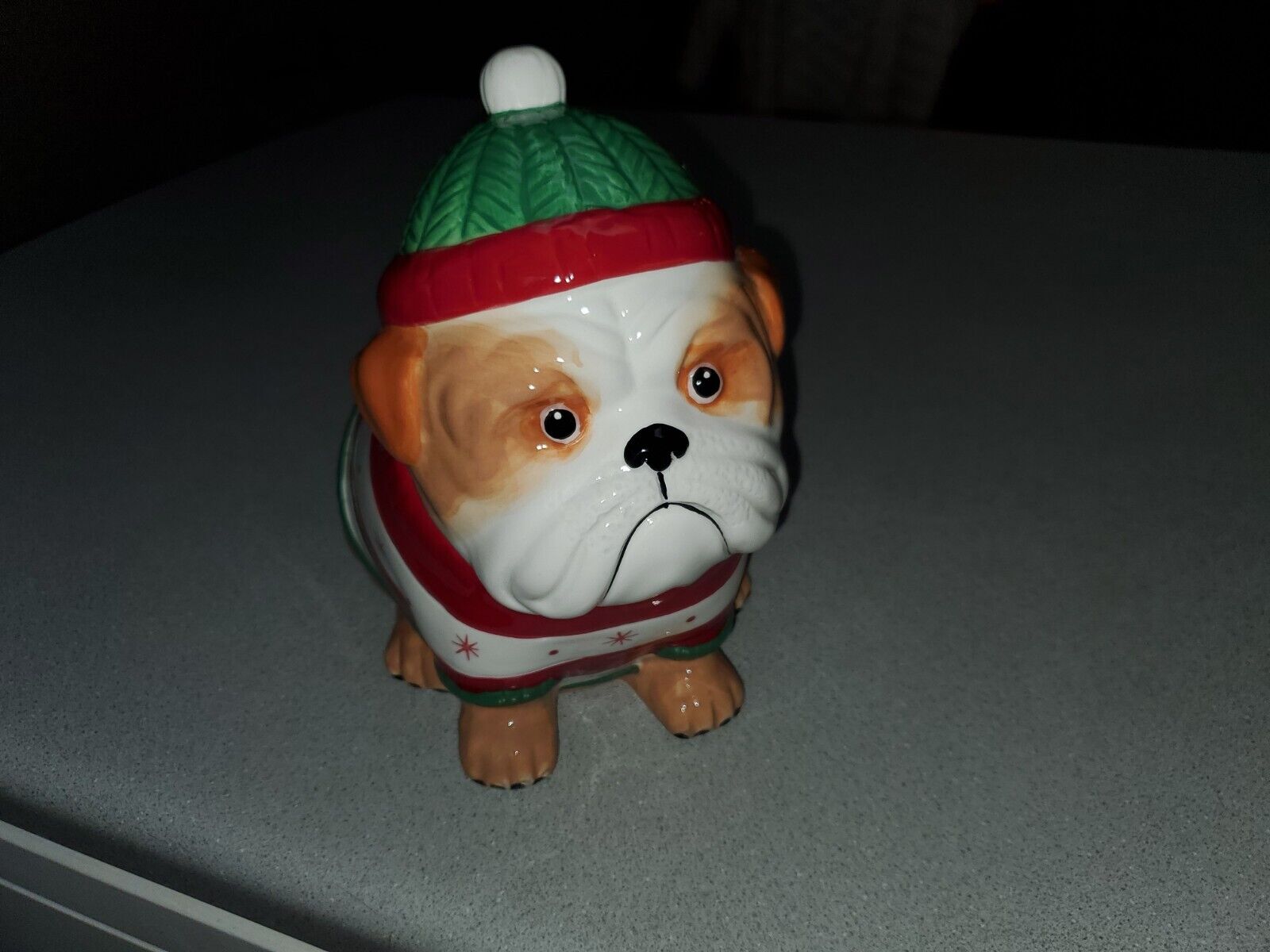 English Bulldog Winter/Christmas Cookie Jar Sleigh Bell Bistro