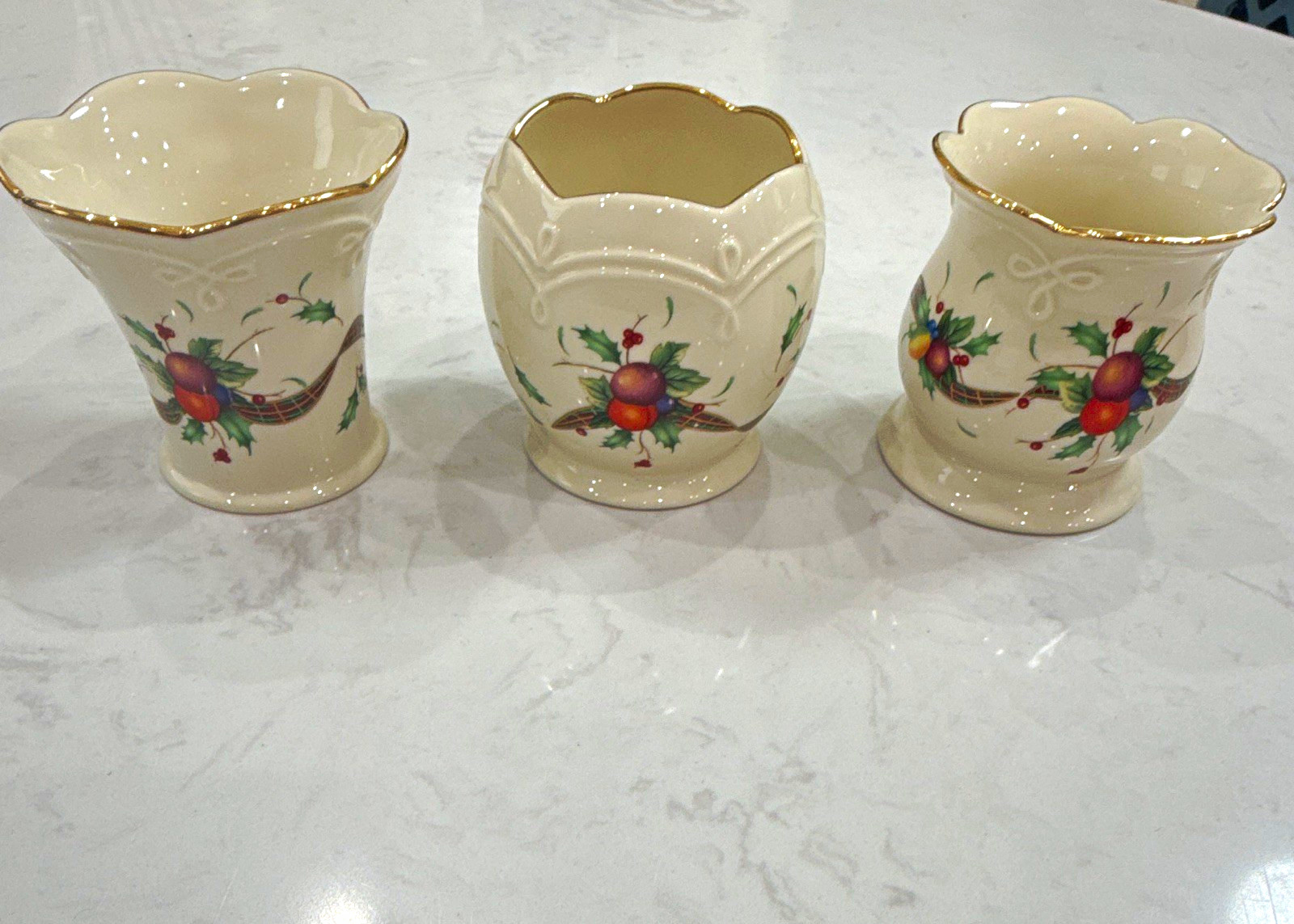 Lenox Holiday Tartan Porcelain Egg Cup Set of 3 Christmas Floral Gold Trim