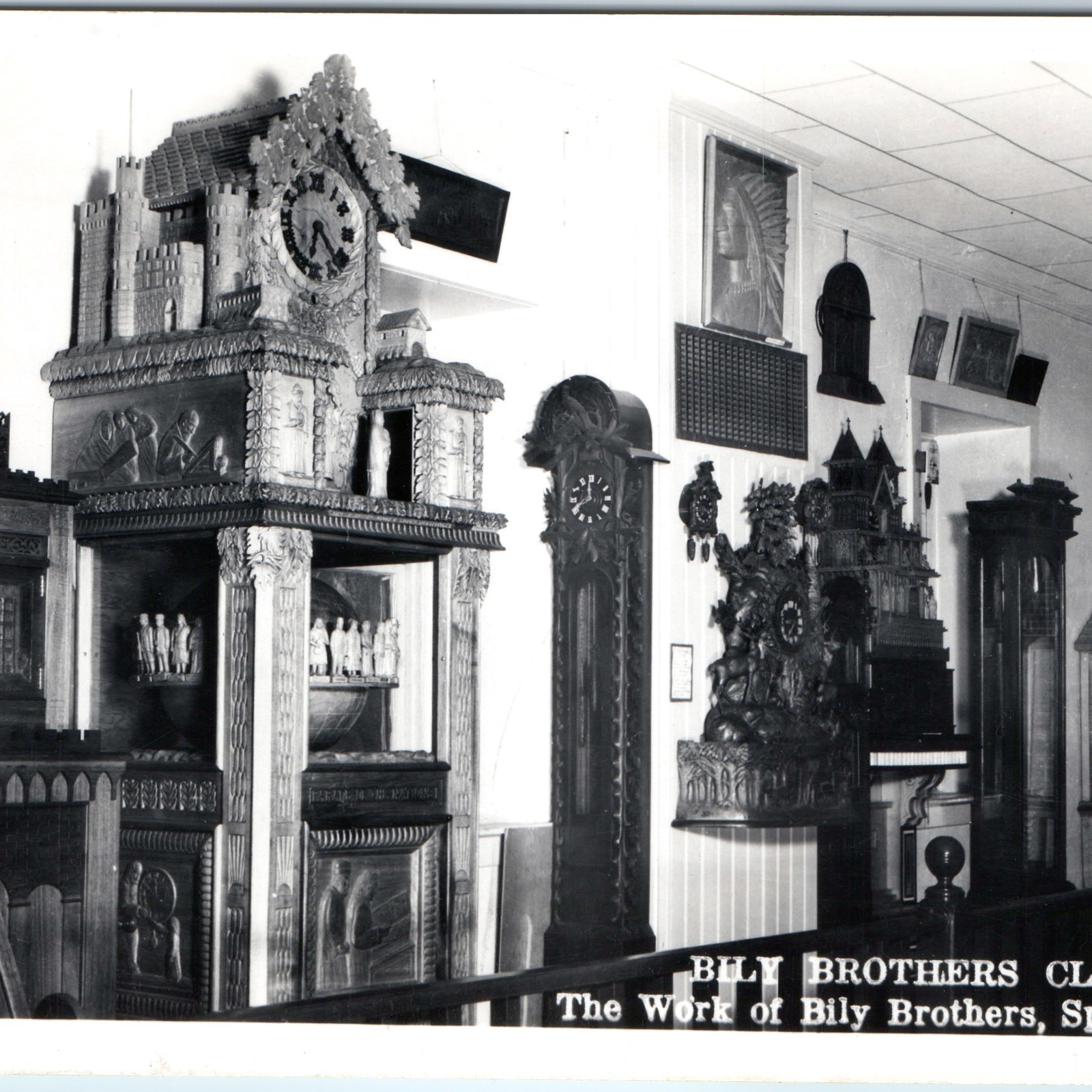 c1950s Spillville, IA Bily Brothers Clocks Wood Carving Museum RPPC Postcard c1950s Spillville, IA Bily Brothers Clocks Wood Carving Museum RPPC Postcard