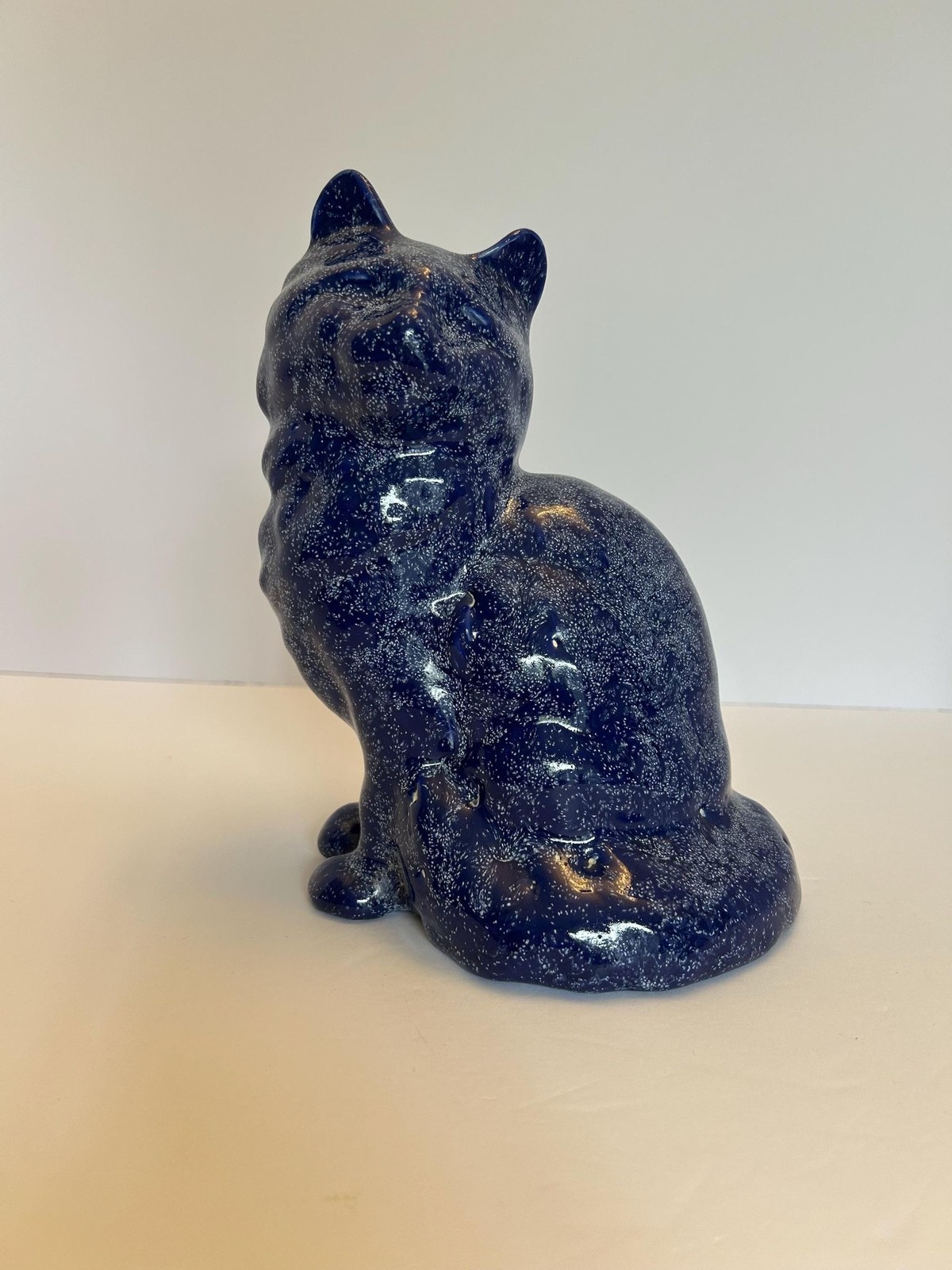 Vintage Speckled Cobalt Blue Pottery Cat Figurine, Handmade Studio Art Ceramic S