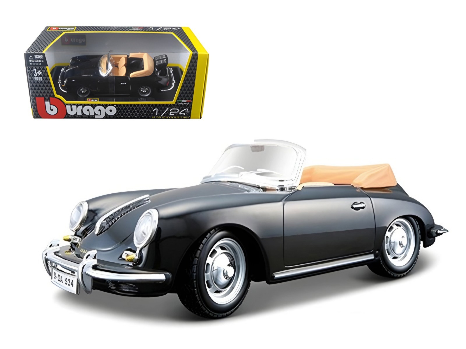 Bburago 1/24 Porsche 356B Cabriolet 1961 Black Diecast Collectible Model Car