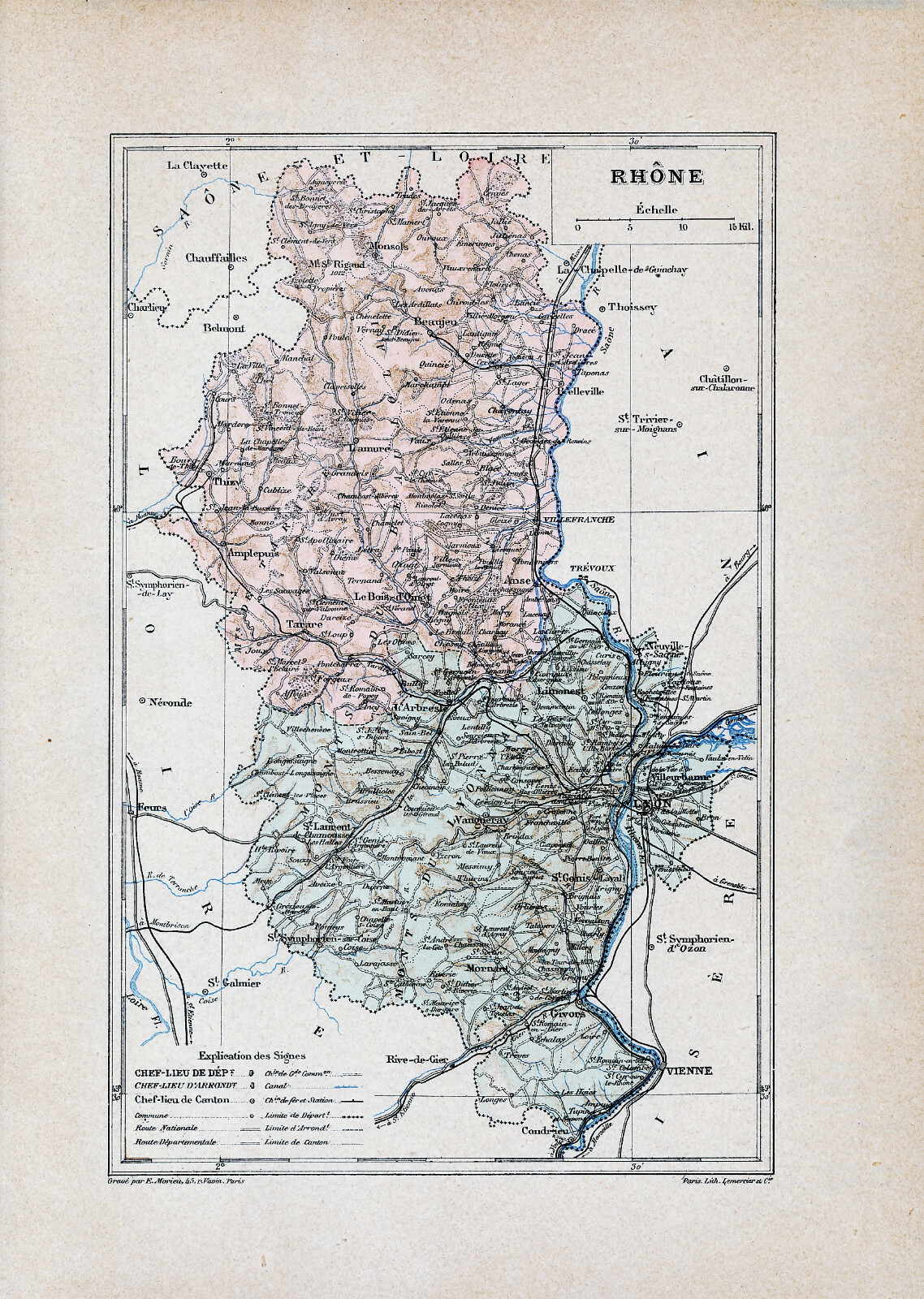 67 Rhône atlas card original 1891 Lyon Villefranche Givors Beaujeu Mornant Tarare 67 Rhône atlas card original 1891 Lyon Villefranche Givors Beaujeu Mornant Tarare