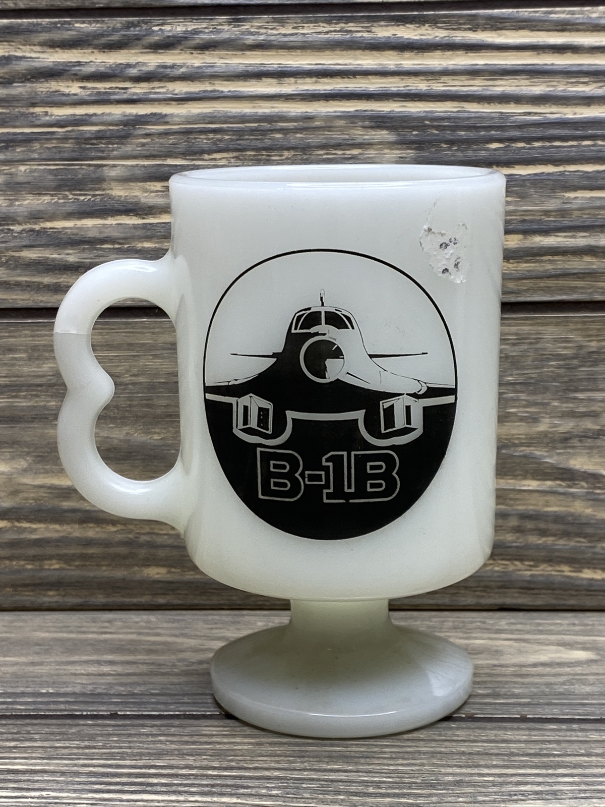Vintage B-1B Airplane Handled Glass Mug Cup White Black 