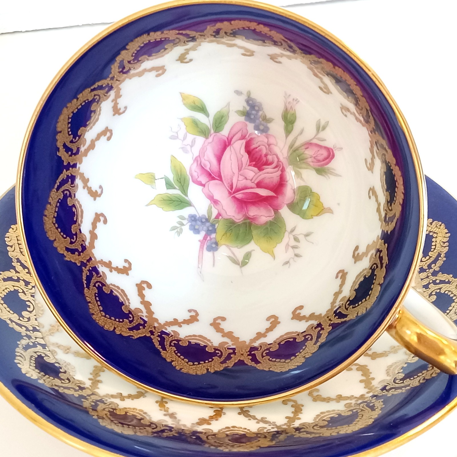 Vintage Aynsley Cobalt Blue Rose Teacup and Saucer: Gold Filigree Bone China Vintage Aynsley Cobalt Blue Rose Teacup and Saucer: Gold Filigree Bone China