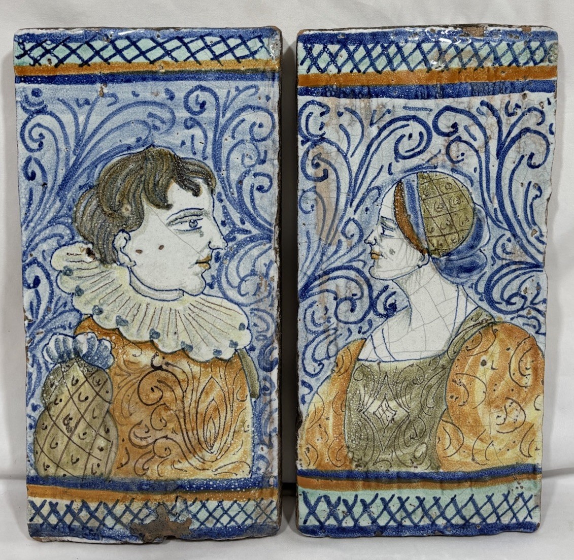 Antique Pair of Italian Castelli Majolica Terracotta Tiles Renaissance Figures