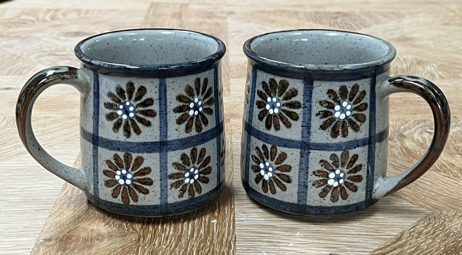 Rare Vtg 70s Otagiri Daisy Flower Grid Speckled Stoneware Mugs Japan Set/2 Boho