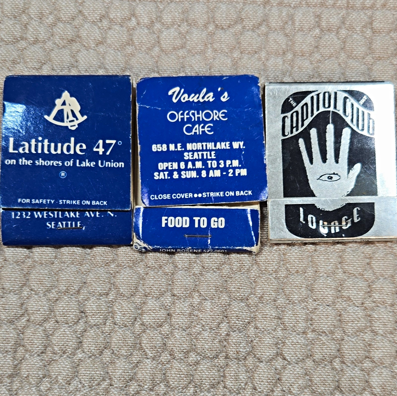 Vntg Seattle Restaurant Matchbooks Lot of 3 Latitude 47, Voula\'s, Crocodile Vntg Seattle Restaurant Matchbooks Lot of 3 Latitude 47, Voula\'s, Crocodile