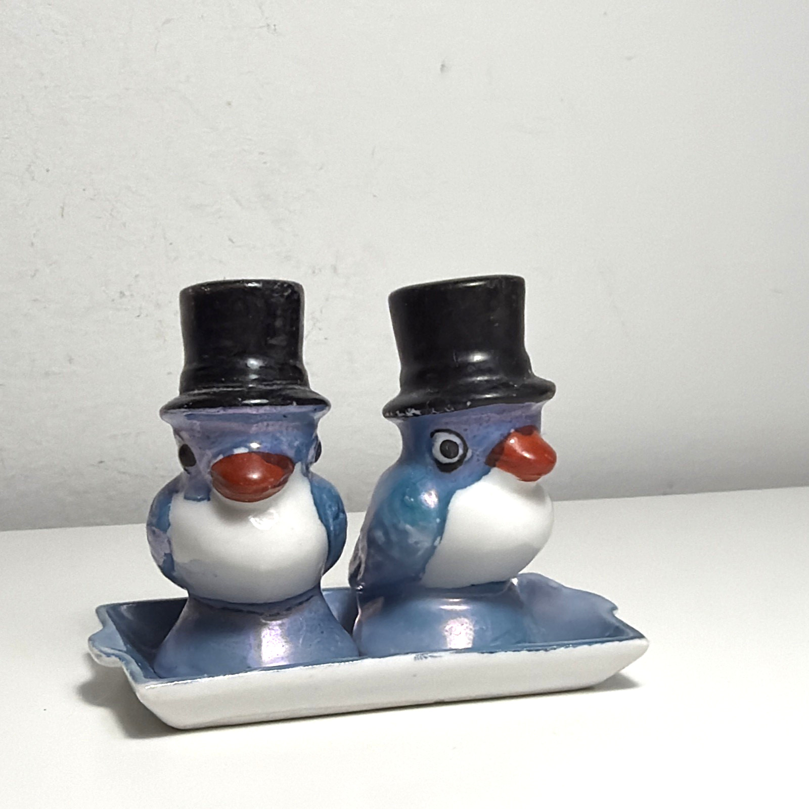 Vintage Chikaramachi Japan Blue Bird Salt Pepper Shaker Tray Lusterware Japanese