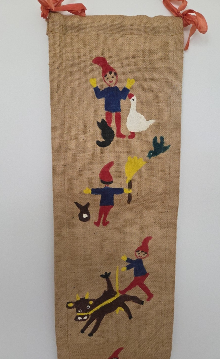 Vtg Jute Burlap Wall Hanging Xmas Sweden Denmark Nisse Tomten Elf Hand Painted