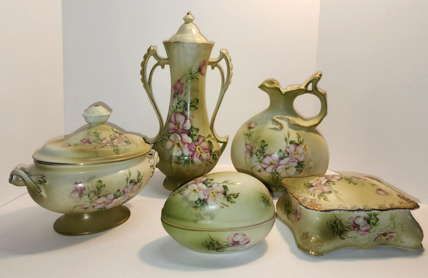 NIPPON Handpainted Reproduction Pink Flowers Green Set W/Lids