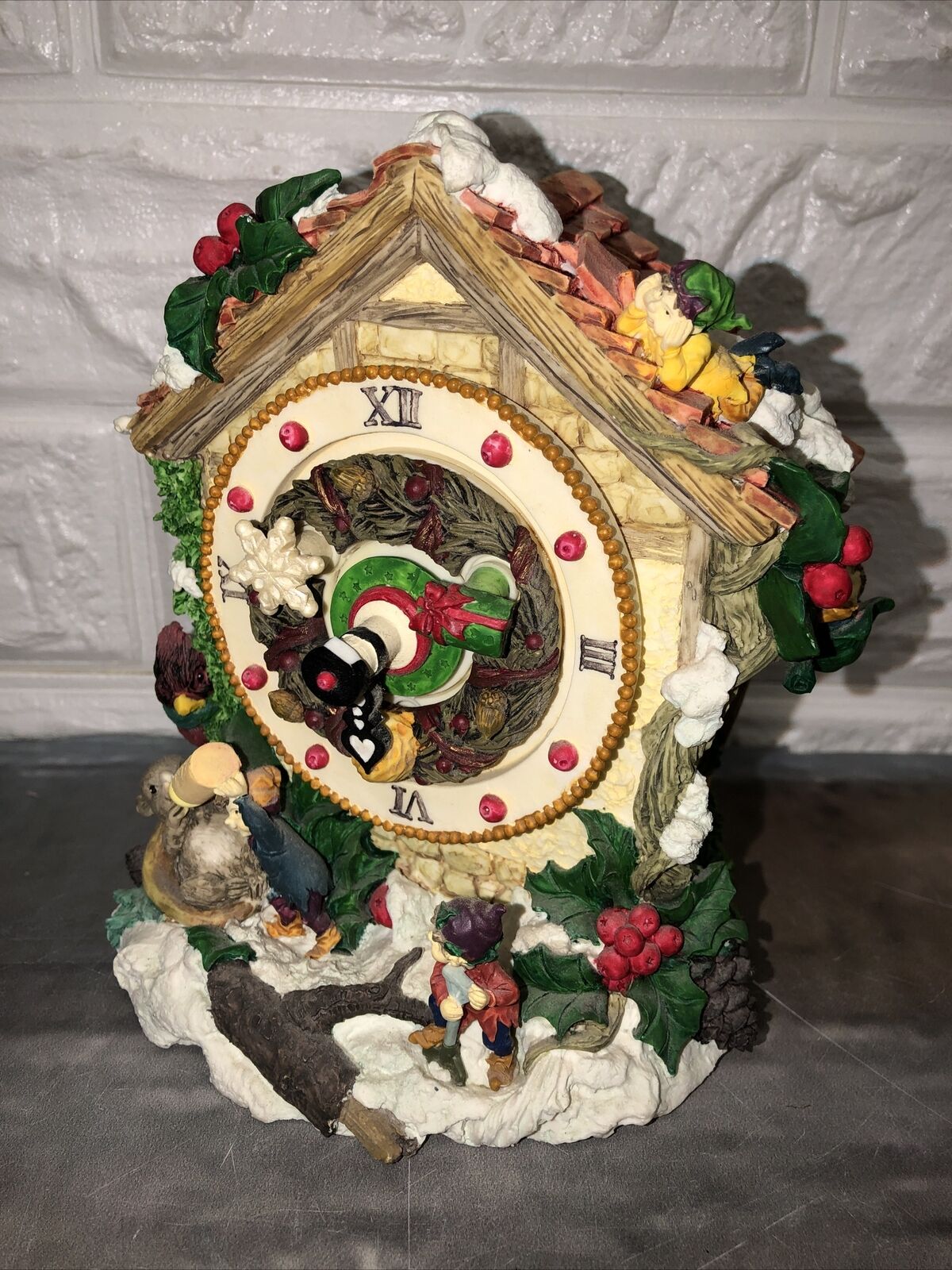 Animated Music Box Ceramic Christmas Clock Figure Gnomes 6” Christmas Décor