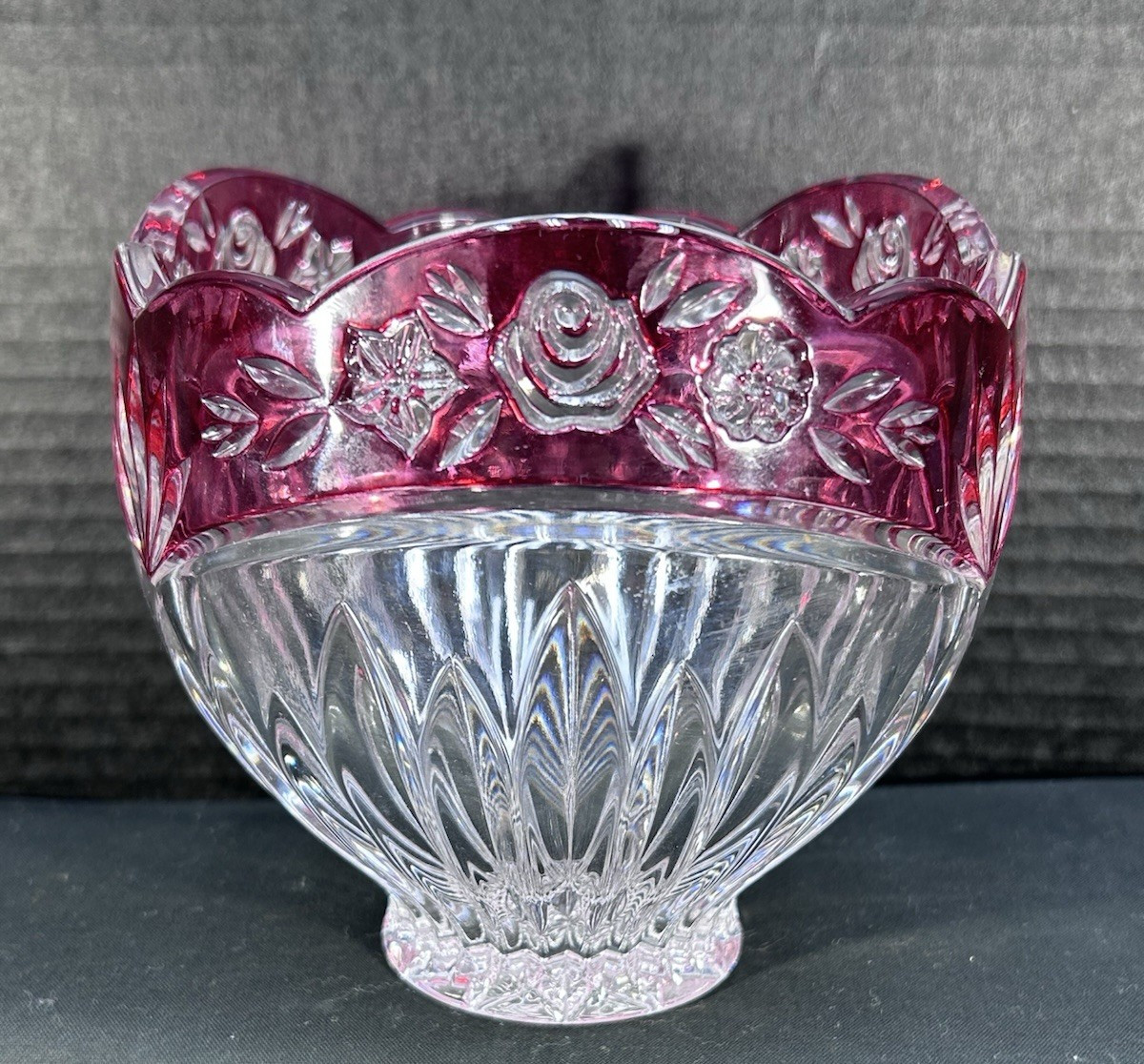 Vtg Ruby Red Celebrations Clear Crystal Bowl Fan Cut Embossed Flowers 5.5inT & W