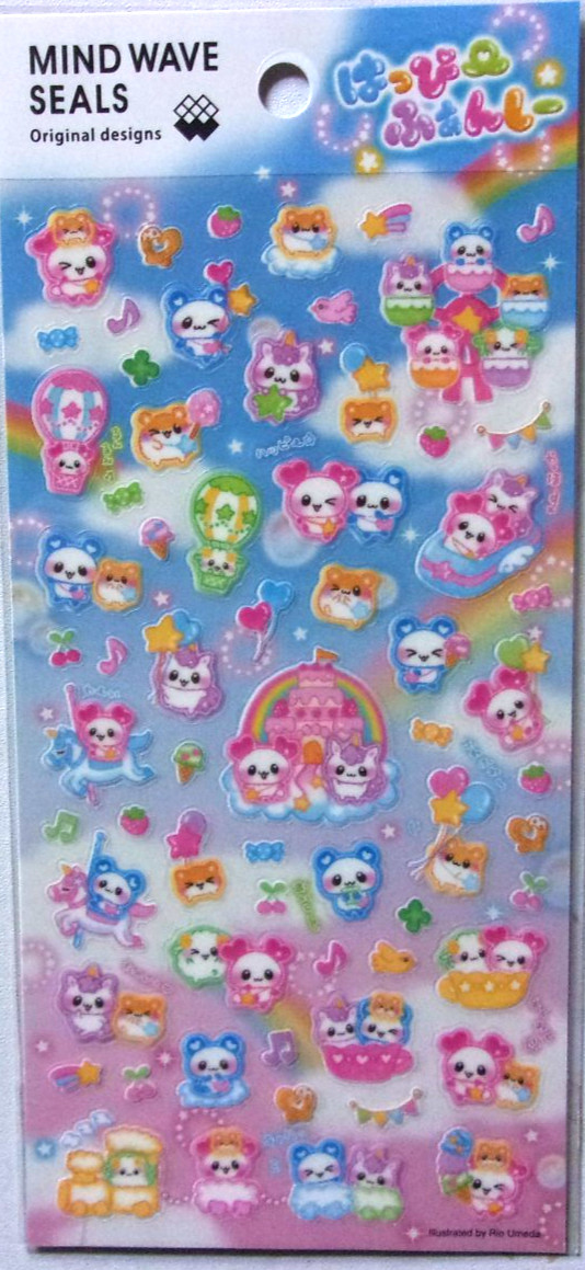 MIND WAVE Happy Fancy Animal Sticker Sheet Made in Japan Rabbit Bear Unicorn