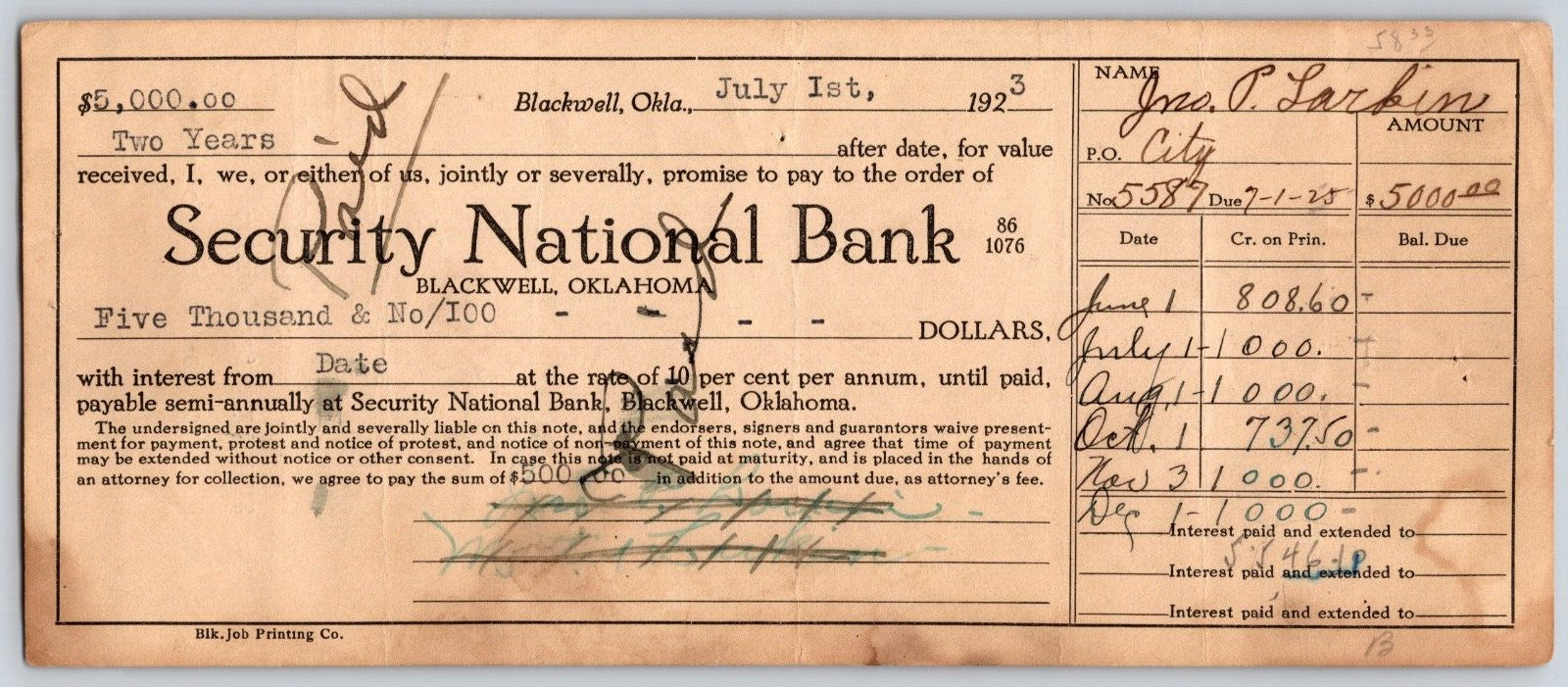 Blackwell, OK 1923 $5,000 10% 2 Yr. Promissory Note (J.P. Larkin Hotel?)  Scarce