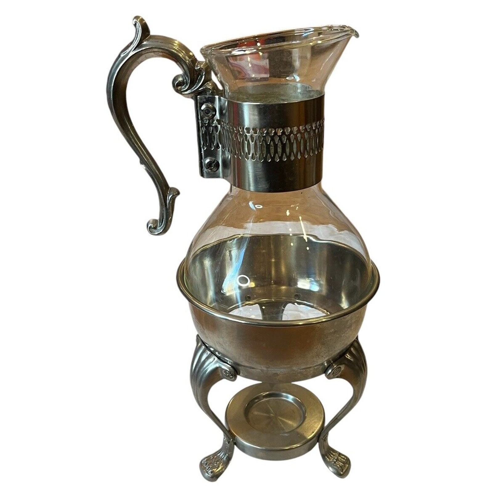 Vintage Pewterlite FB Rogers Pewter and Glass Coffee Tea Caraffe Warmer Server