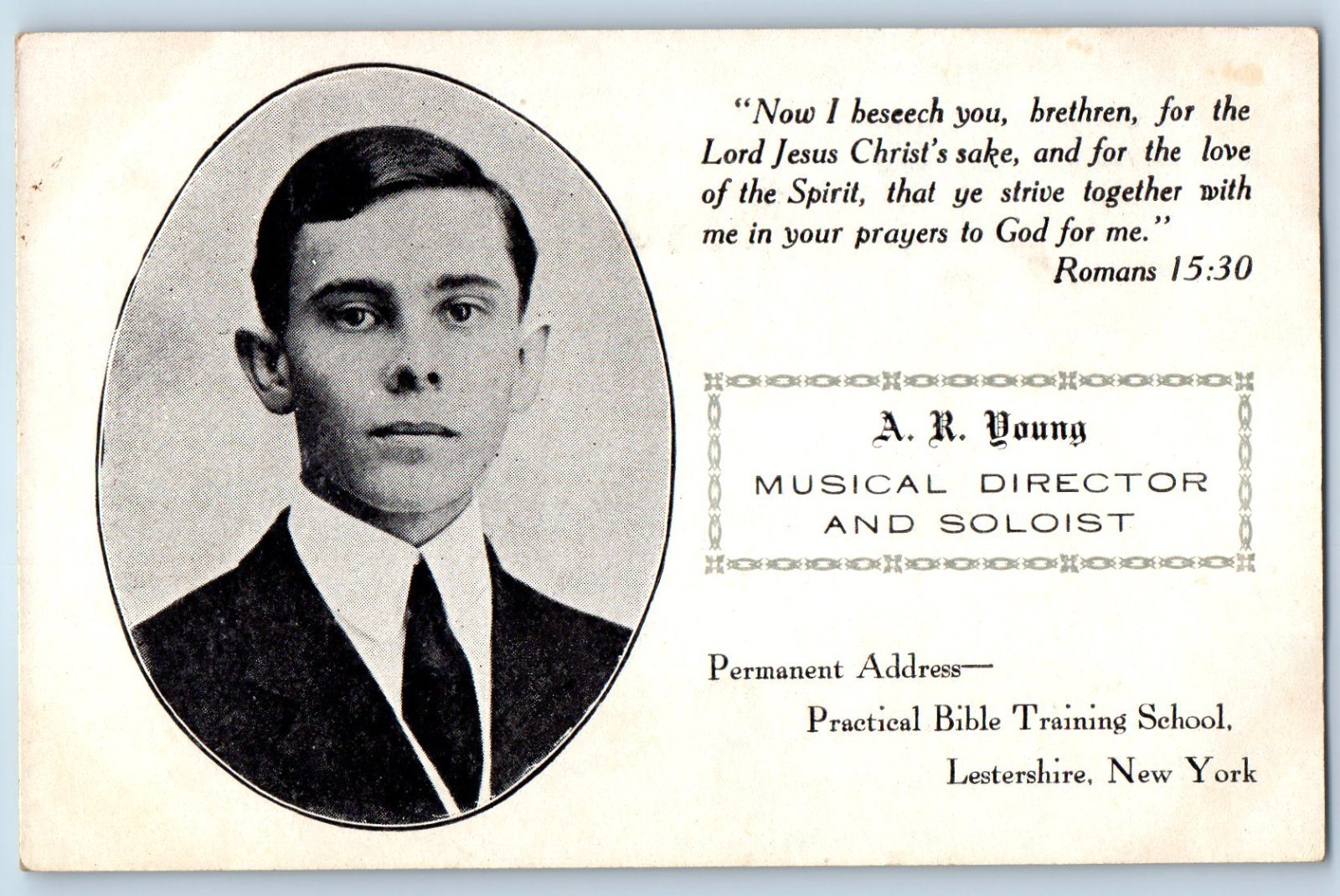 c1910's A R Young Musical Director And Soloist Bible Training School Postcard c1910's A R Young Musical Director And Soloist Bible Training School Postcard