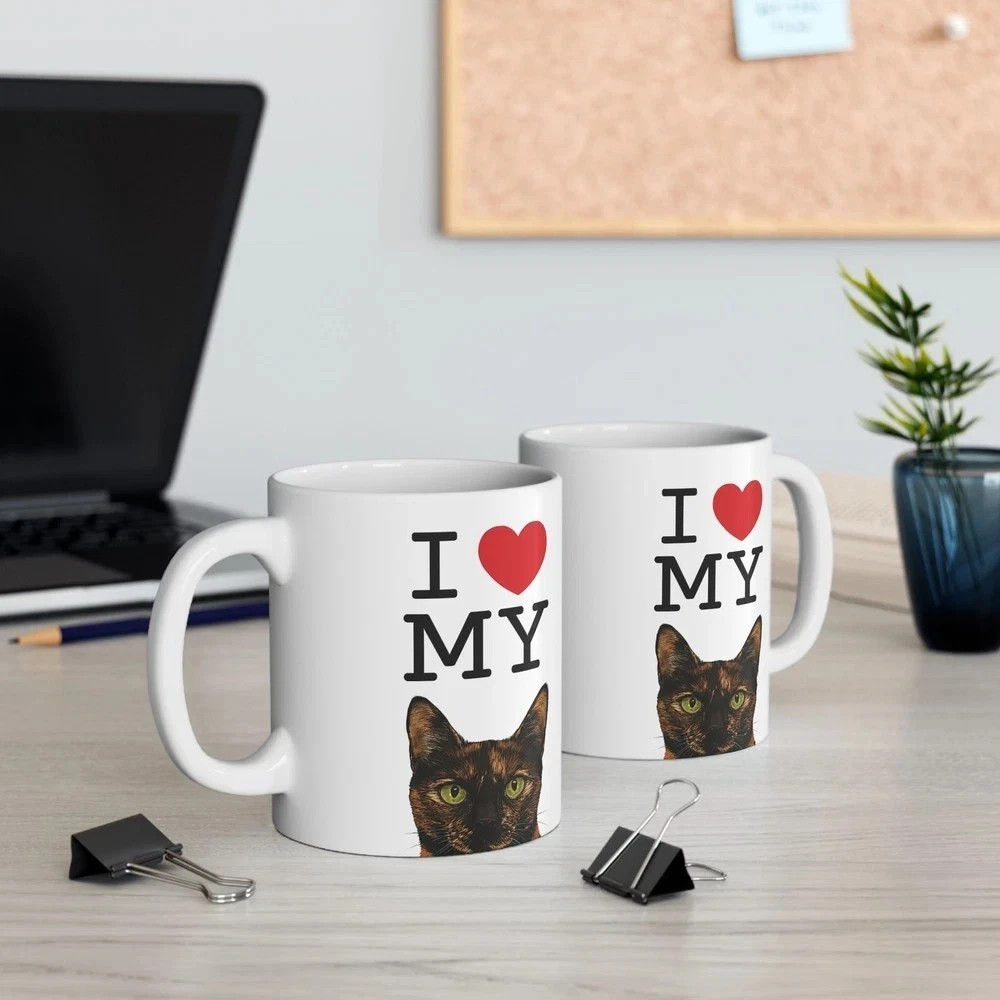 I Love My Cat Mug 11oz - Cute Tortie Cat Coffee Cup for Cat Lovers