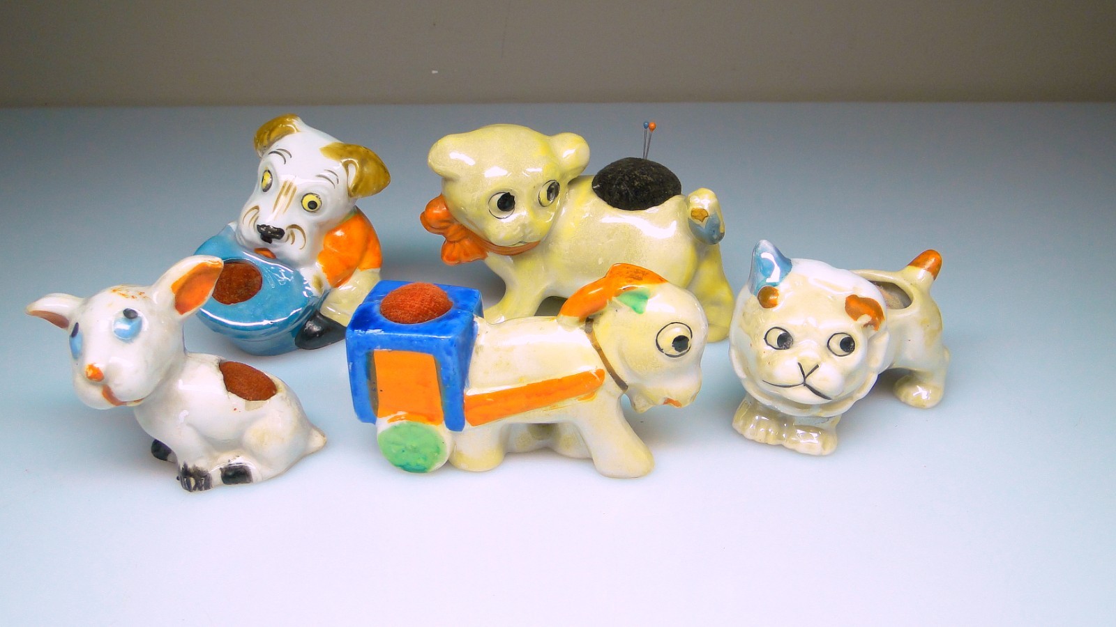 5 Vintage Japan Glass Dog & Donkey Pincushions Figural Pincushion Lot