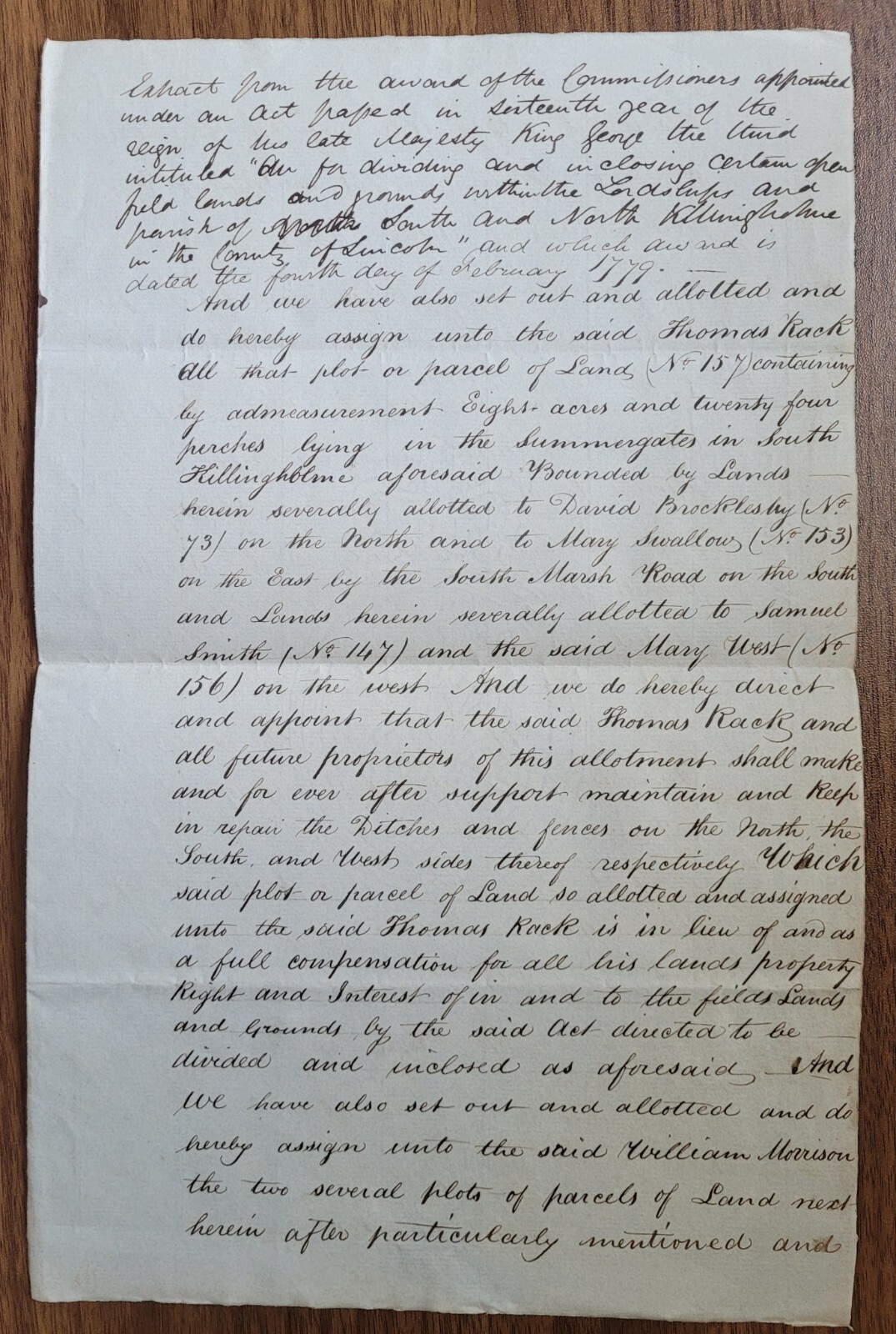 1844 Land Award Extract –  Summergates, South Killingholme  from  1779 Document