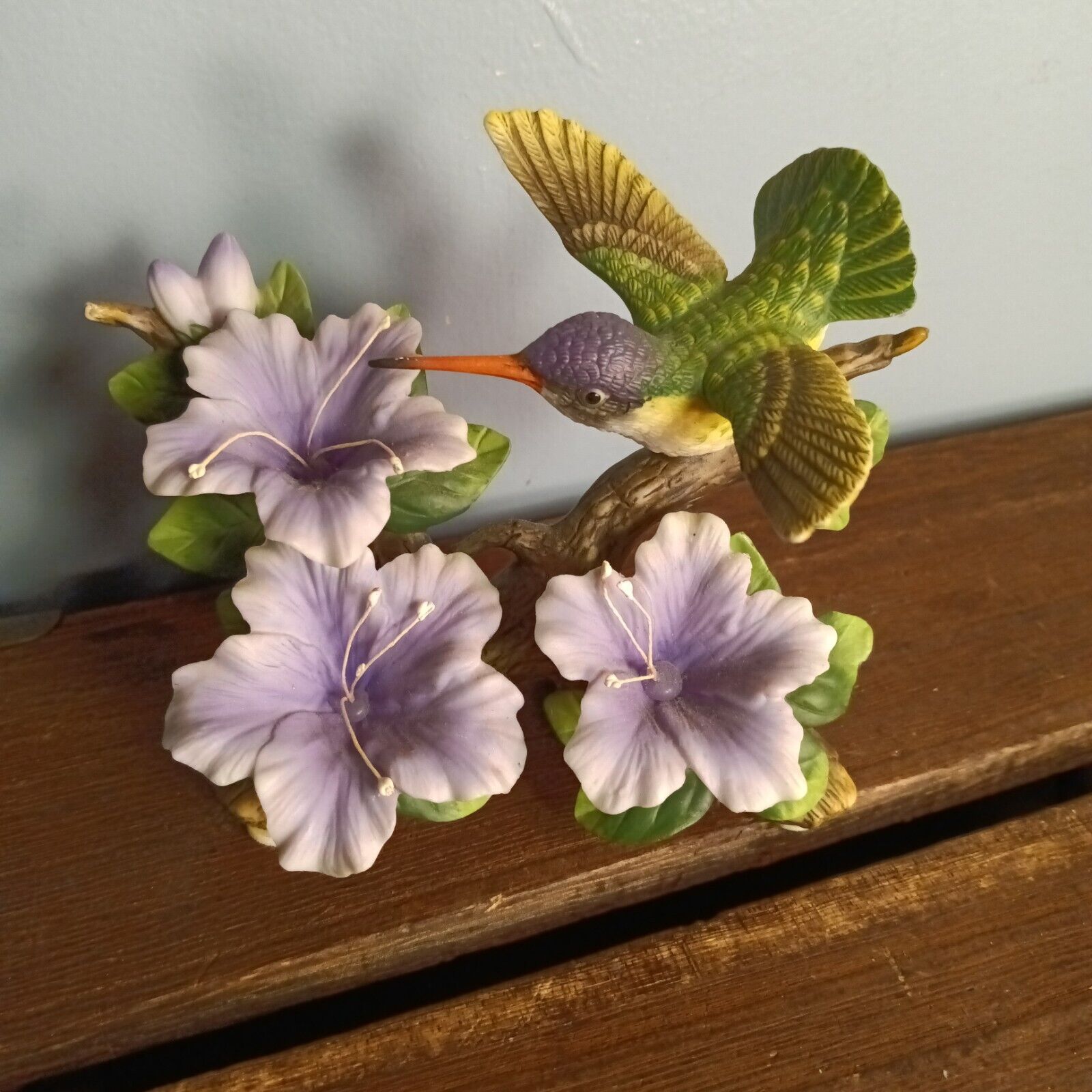Vintage Bisque Porcelain Hummingbird & Purple Flowers Figurine