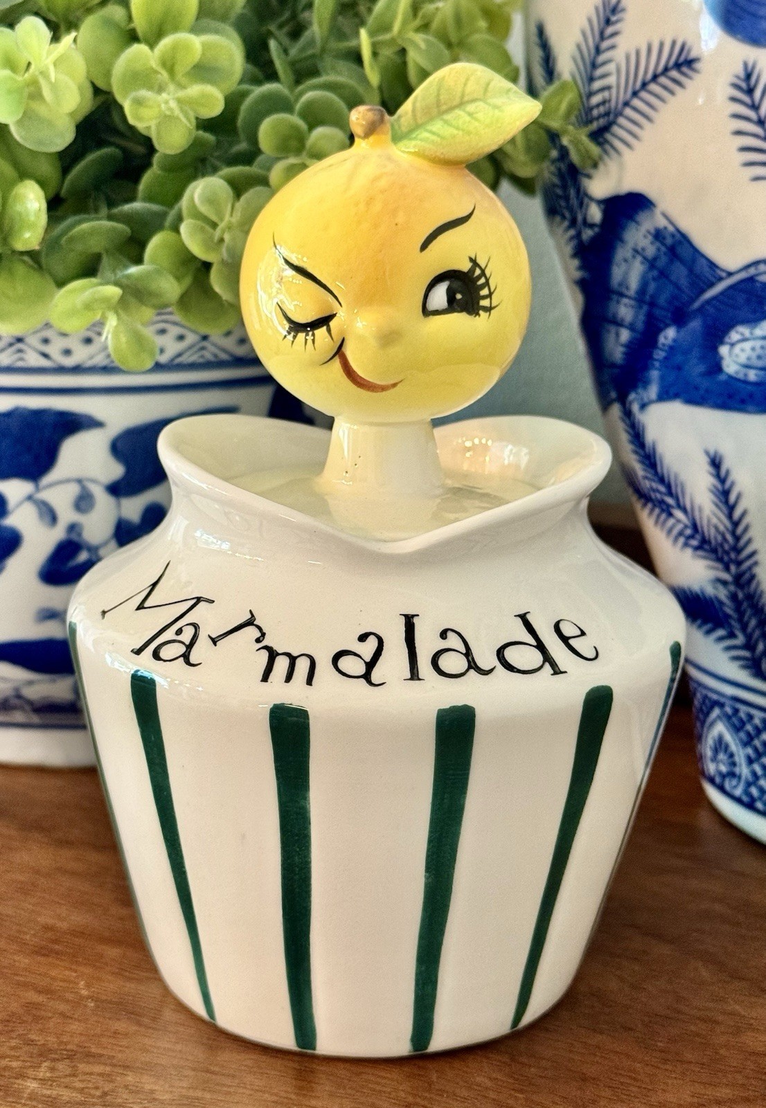 Vintage 1950s Lefton #1483 Marmalade Jar Winking Lemon Orange Spoon Japan MCM