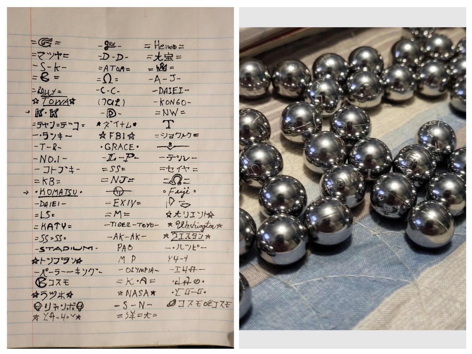 Vintage 75 ALL DIFFERENT Pachinko Ball Colection UNIQUE ENGRAVED Parlor Balls 
