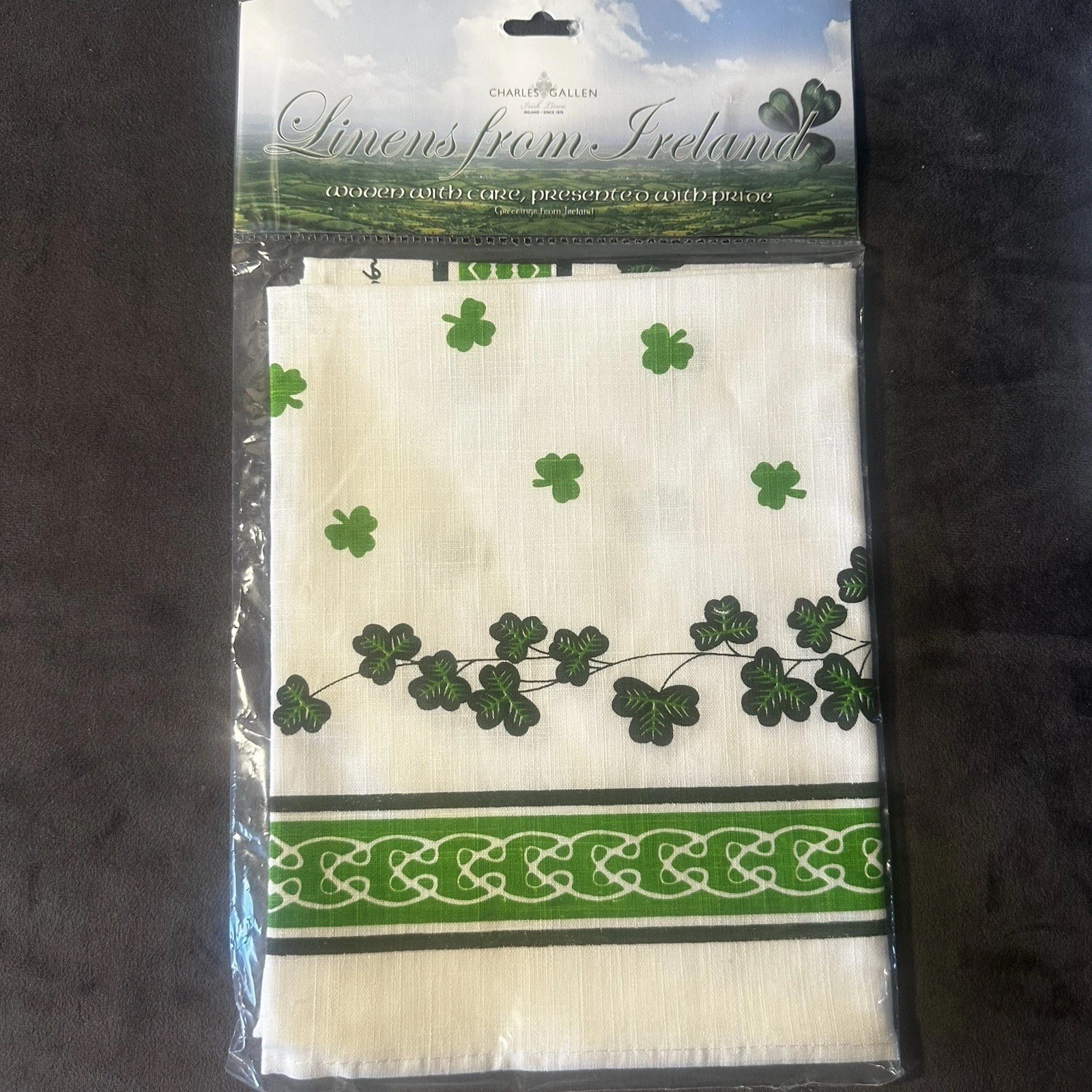 Vintage Fingal Shamrocks & Celtic Knot Pure Irish Linen Kitchen Towel NEW