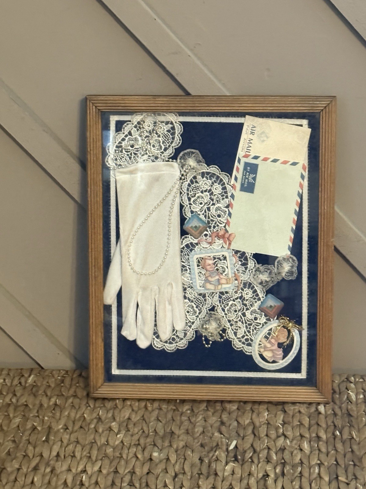 Vintage Victorian Style Shadow Box White Glove Lace Air Mail Ephemera 16x13