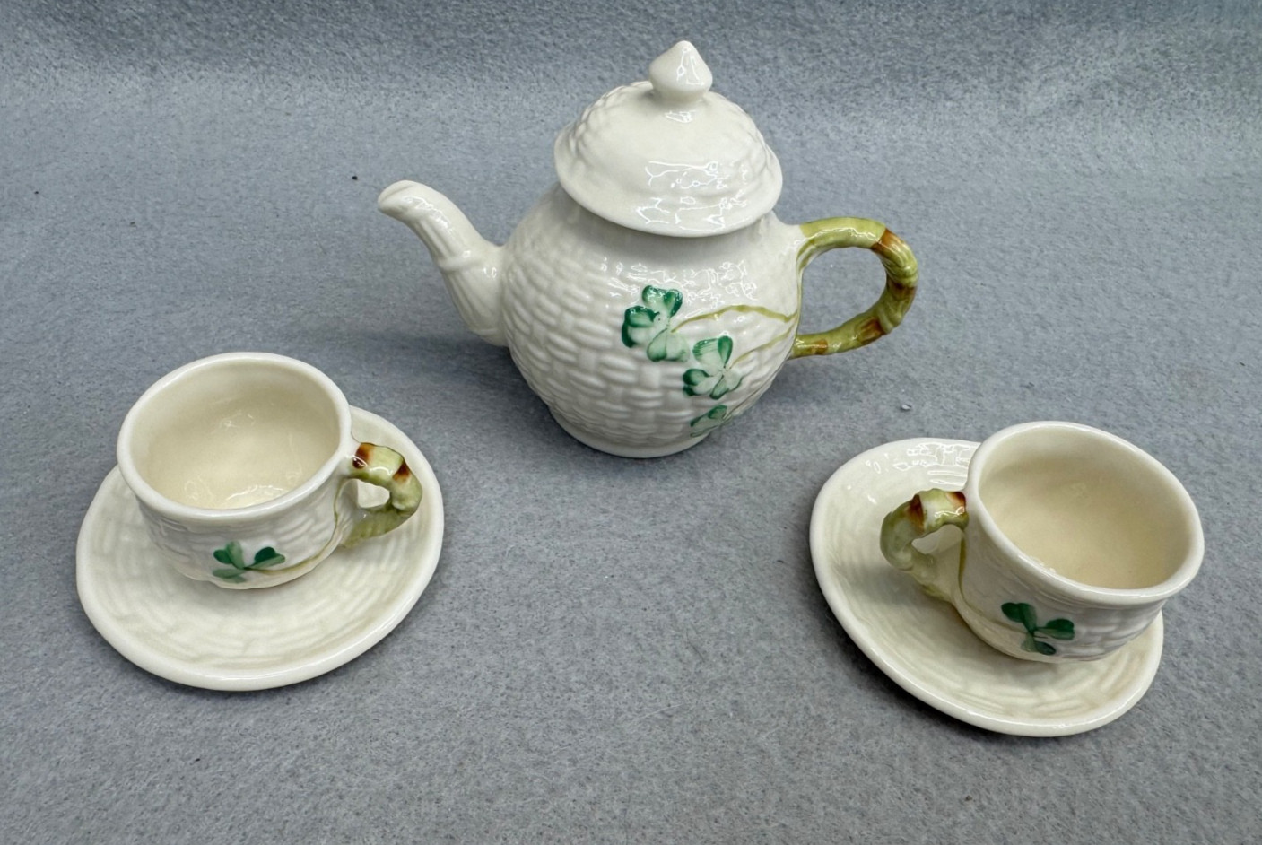 Belleek Ireland Shamrock Basket Weave Small Teapot and Cups.