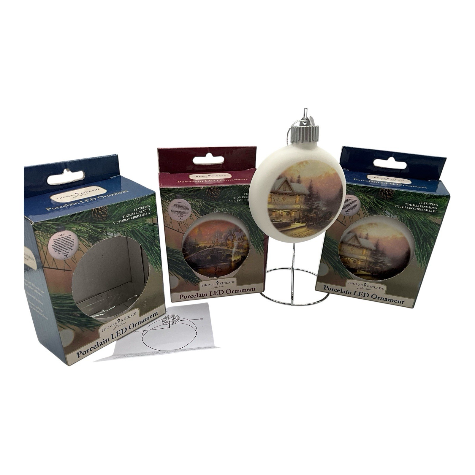 Thomas Kinkade Studios Set of Three Porcelain LED Ornaments, NEW in Opened Boxes