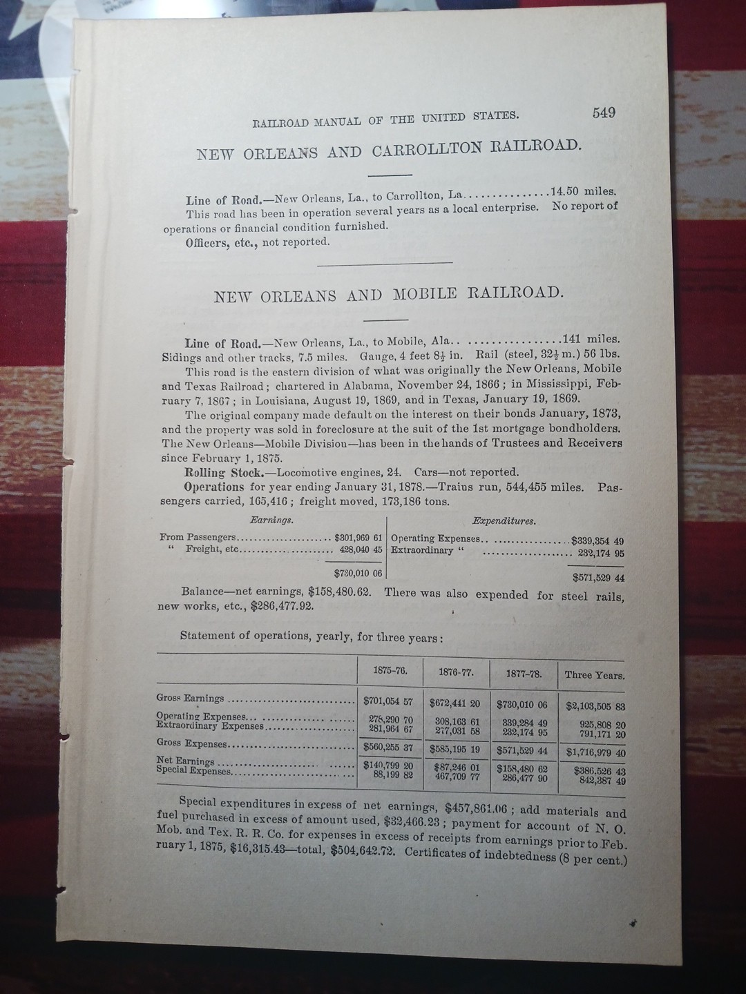 ~1878 Antique Train Report NEW ORLEANS & MOBILE RAILROAD Louisiana Alabama 