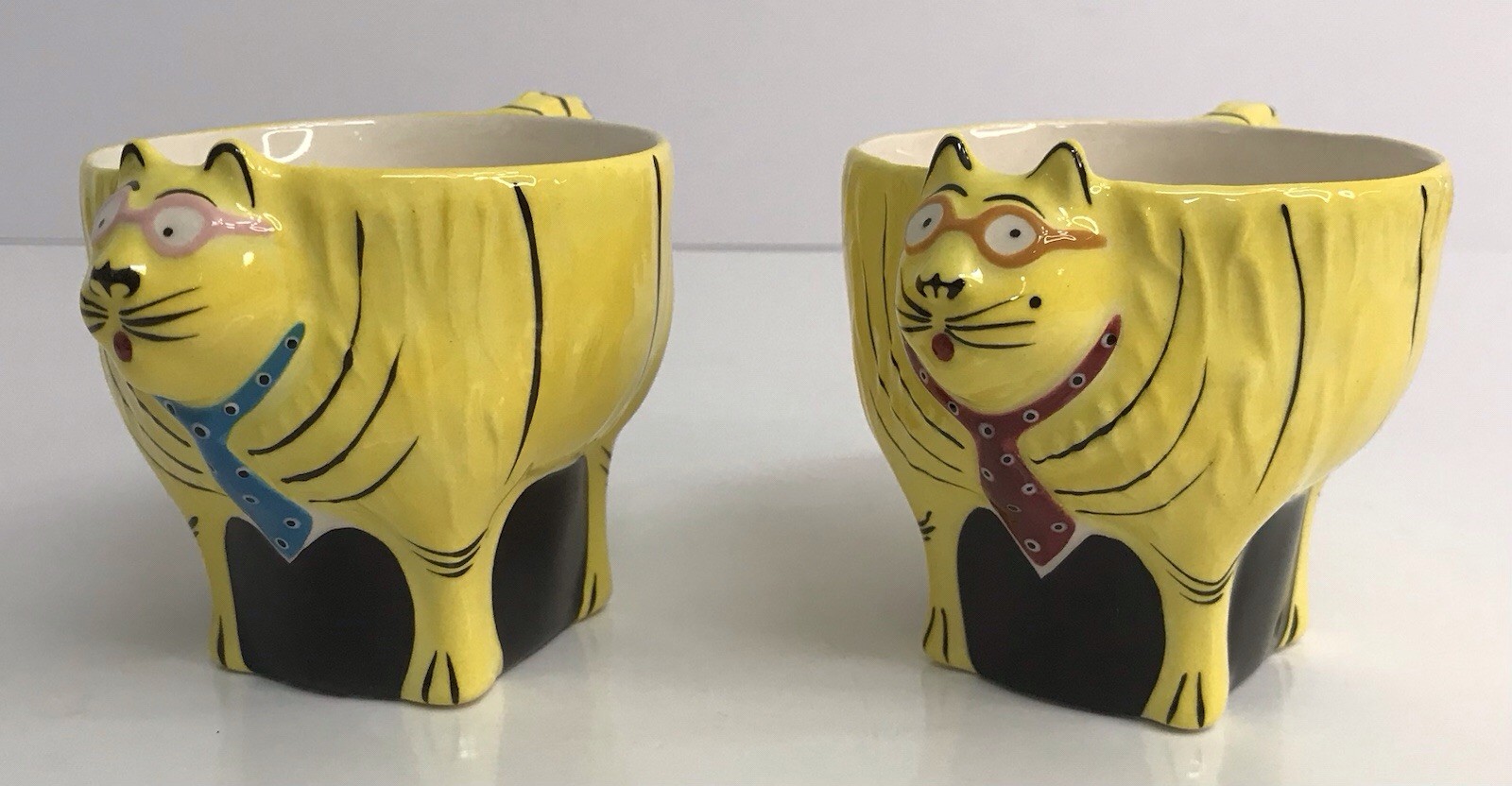 Vintage Yellow Cat Cups Hatton Signed Whimsical Tea Coffee Lot of 2