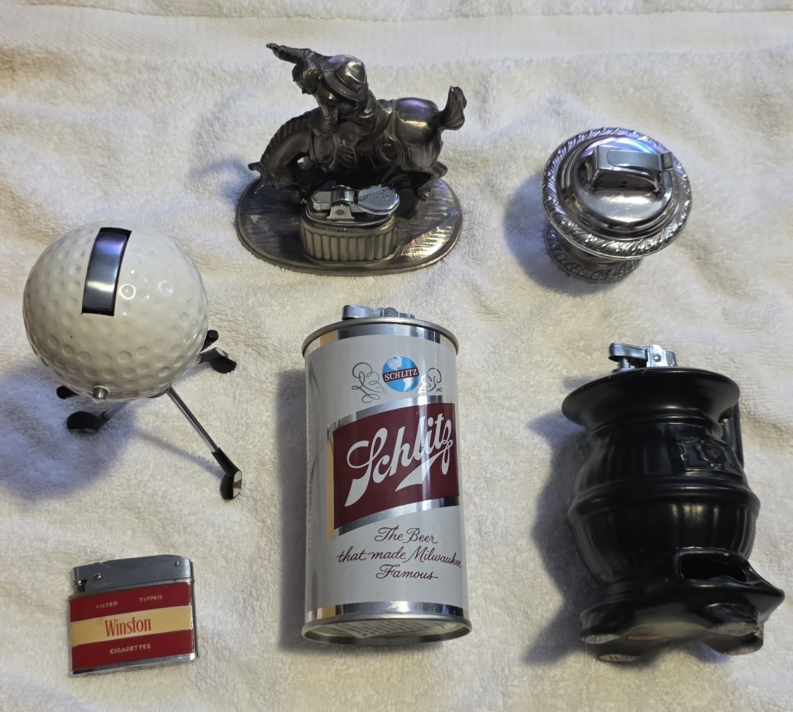 Vtg Mid Century Table Lighter Lot 6 Schlitz Beer Cowboy Golf Barware Man Cave