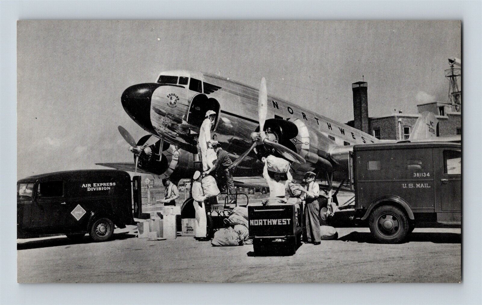 Aviation Postcard Northwest Airlines Douglas 21 Passenger Cargo US Mail 1940s B9