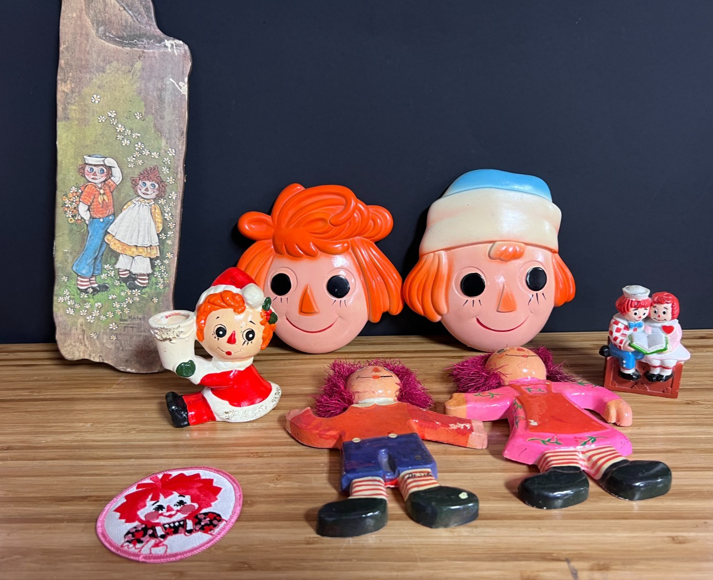 VTG Raggedy Ann and Andy lot- Bobbs-Merrill figure, wall decor, candle holder +