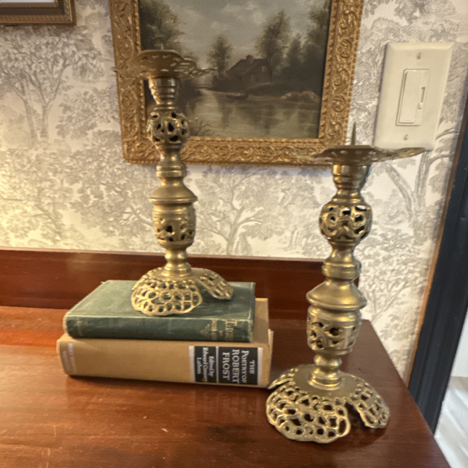 Vintage Pair Pierced Brass Cherub Pricket Altar Candlesticks Candle Holders